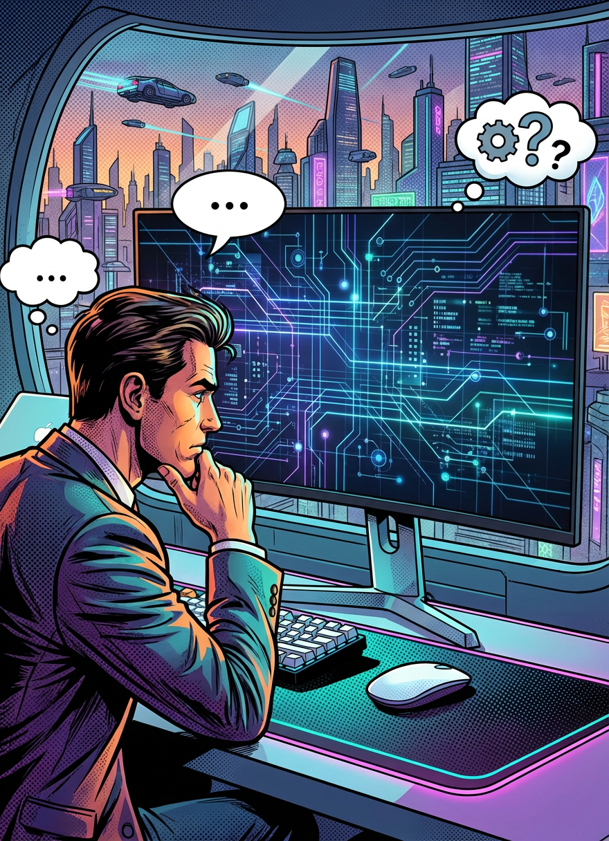Conceptualizing advanced technology in a futuristic setting Man in a suit analyzing digital circuits on a screen in a futuristic city.