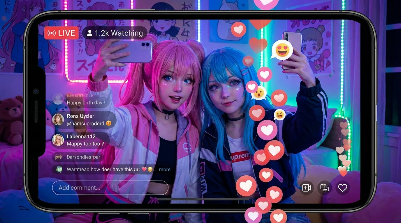 Two anime girls live streaming and taking selfies on a smartphone screen with heart icons.