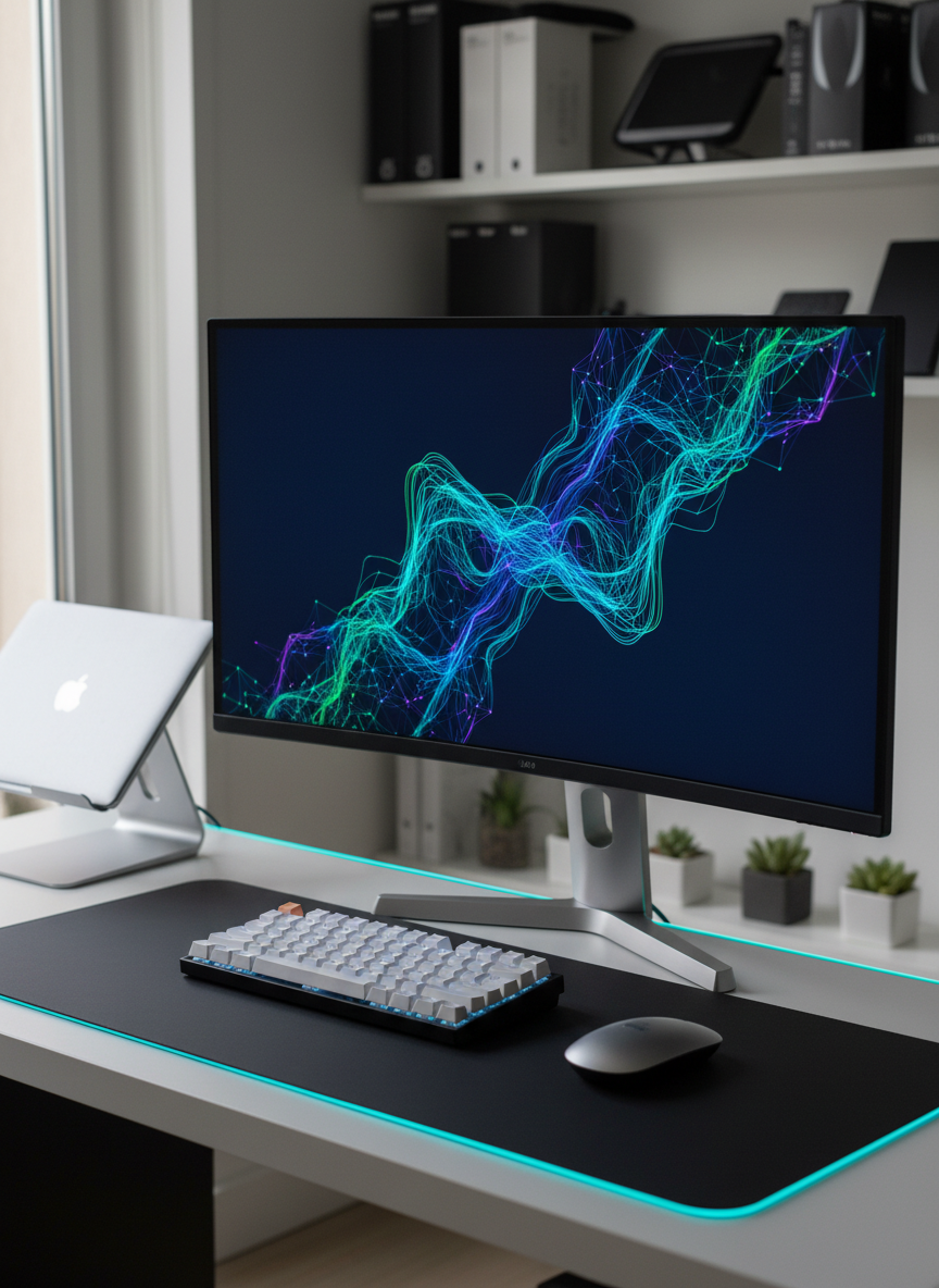 A sleek glass-and-aluminum desktop workspace featuring an ultra-thin 34-inch curved monitor displaying a vibrant, abstract AI network visualization of flowing neon lines on deep navy. A compact mechanical keyboard with white keycaps and soft backlighting sits on a matte black desk surface beside a minimalist wireless mouse and a brushed metal laptop stand holding a closed laptop. Subtle LED strip lighting glows cyan along the desk edge, reflecting gently on the surface. Soft, indirect daylight filters in from an unseen window, creating a calm, professional atmosphere. Photographic realism, captured at eye level with a slightly wide angle and shallow depth of field, keeping the main setup sharp while the background fades into a tasteful bokeh of shelves with neatly arranged tech gadgets and product boxes.