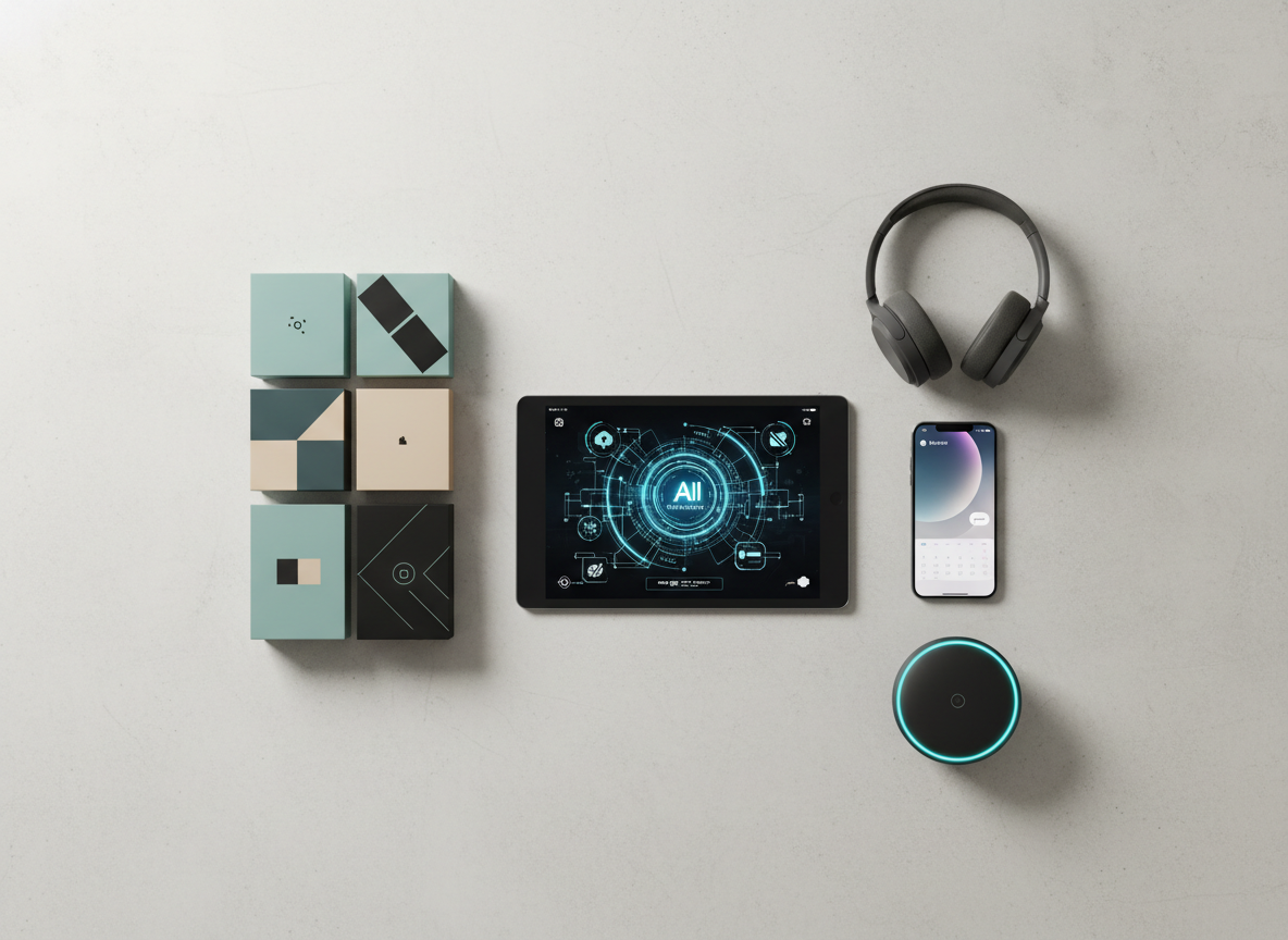 A meticulously organized digital lifestyle flat lay on a smooth, light concrete surface, showcasing a high-end graphite tablet with a glowing AI assistant interface, a slim titanium smartphone, noise-cancelling over-ear headphones in matte charcoal, and a compact smart home hub with a subtle LED ring. Beside them, a small grid of physical products—minimalist packaging boxes in muted teal, sand, and black—hint at a curated marketplace. Overhead softbox lighting creates even, diffused illumination with gentle, realistic shadows. The composition uses clean, photographic realism, shot from true top-down with precise spacing and negative space around the ensemble. The mood is modern, professional, and aspirational, conveying an all-in-one command center for the future-focused innovator.