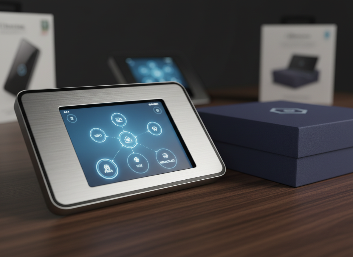A high-precision close-up of a brushed aluminum AI assistant device sitting on a dark walnut desk, its edge-to-edge glass display showing a clean interface of interconnected nodes and icons labeled tools, gear, and marketplace. Next to it, a single premium product box made of textured matte cardboard in deep indigo with a subtle embossed logo hints at curated physical goods. Soft studio lighting from the left creates delicate specular highlights on the metal and glass, while the wood grain remains warm and detailed. Background elements blur into soft bokeh: an abstract suggestion of additional gadgets and packaging. Photographic realism, captured with a macro lens at a shallow depth of field, evoking a refined, professional mood focused on precision and quality.
